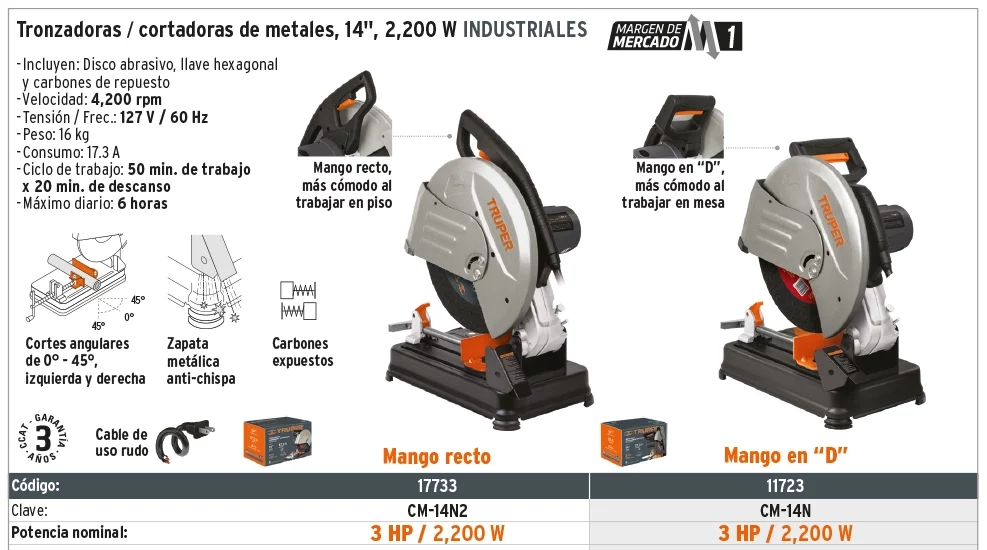 Tronzadora / cortadora de metales 14 , mango en D , 2200 W, Cortadoras y Tronzadora  De Metales, 11723