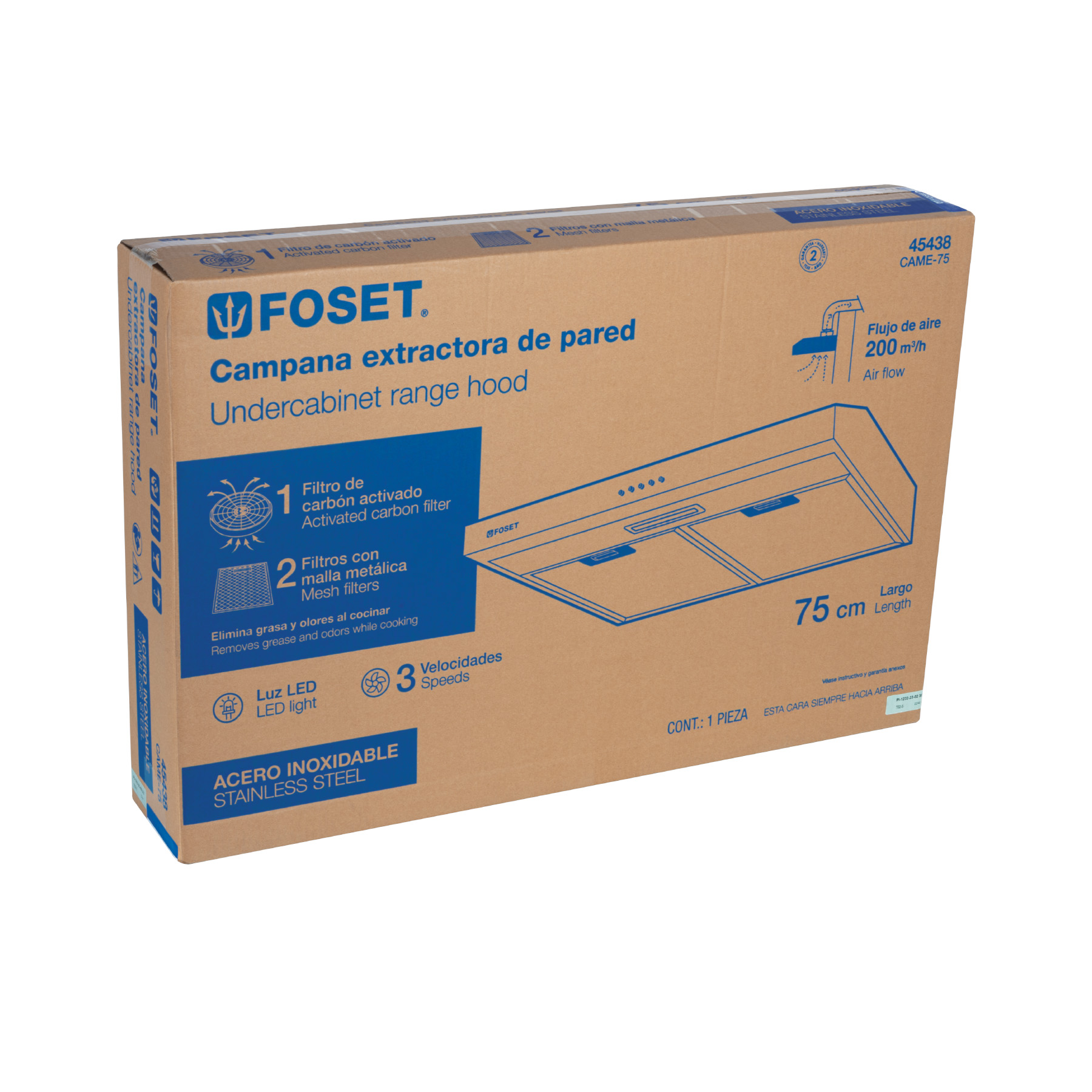 Campana extractora 75cm, empotrable, acero inoxidable, FOSET - Imagen 7