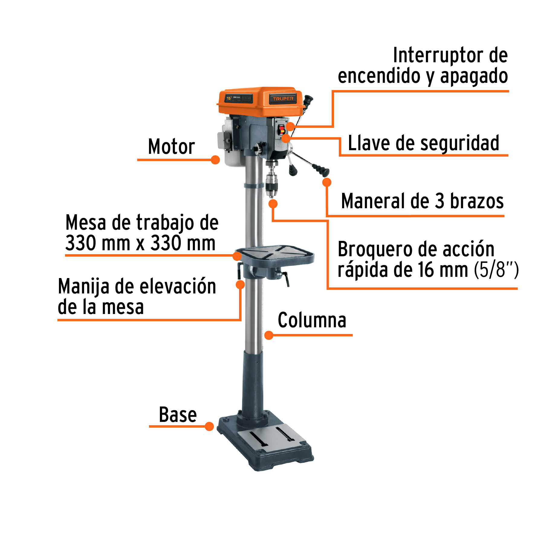 Taladro de piso 15", 1 HP (750 W), broquero 5/8", Truper - Imagen 2