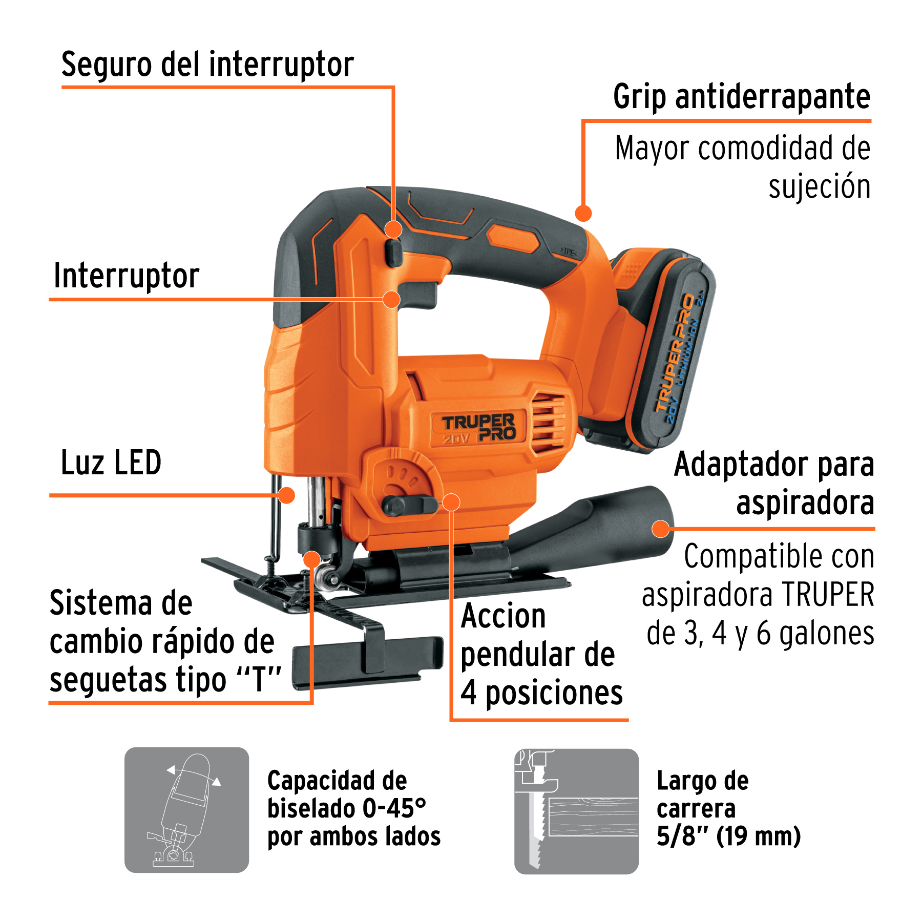 Sierra caladora 20V, 1 batería 2Ah, TRUPER PRO - Imagen 2