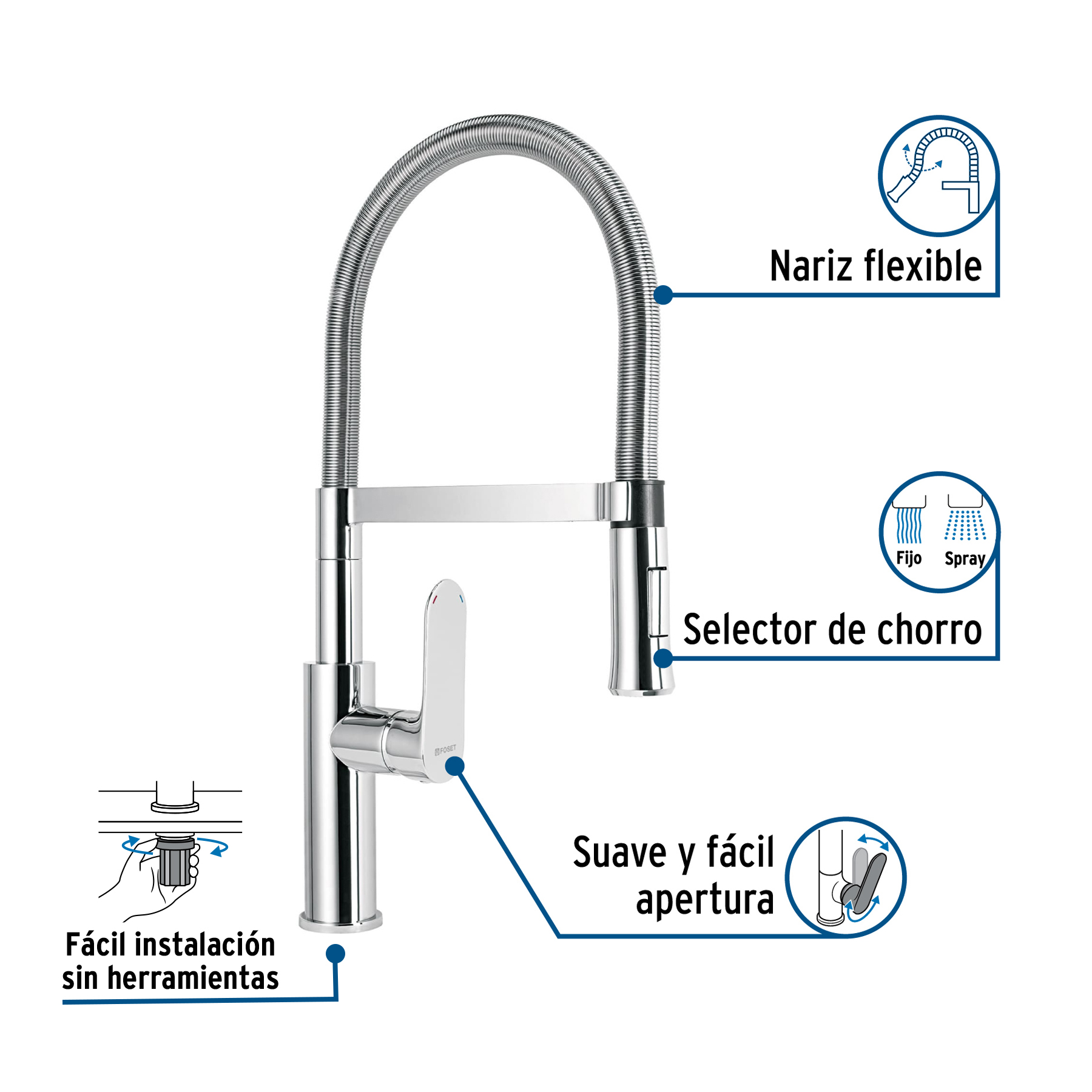 Monomando nariz flexible para fregadero, cromo,FOSET RIVIERA - Imagen 2